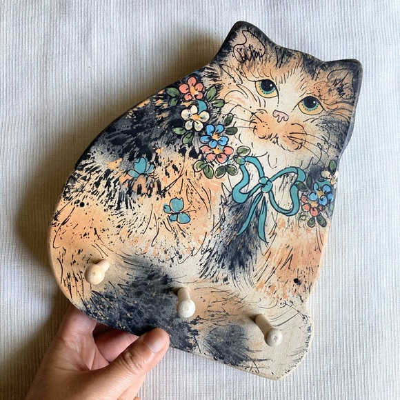 Vintage Handmade Wooden Cat Wall Hanging Key Holder Gail A Kiesler Vermont USA